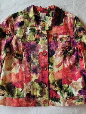 Chicos Women ' Multicolor Floral Denim Jacket - Vibrant Pink & Green Size I